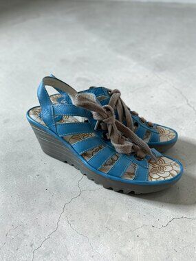 FLY LONDON Blue Leather Laceup Wedges Sandals Size 40 / 10